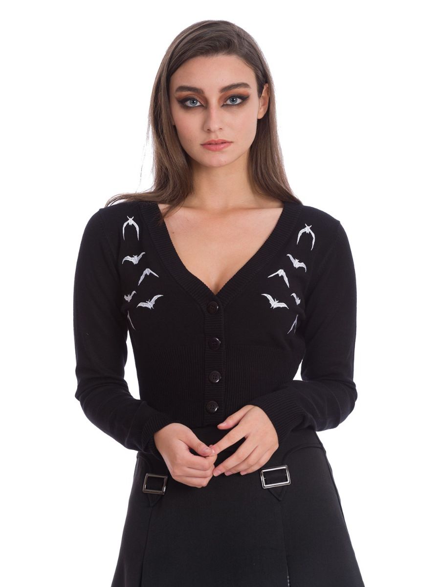 Banned Alternative Bat Lady Embroidered V-Neck Crop Cardigan Black
