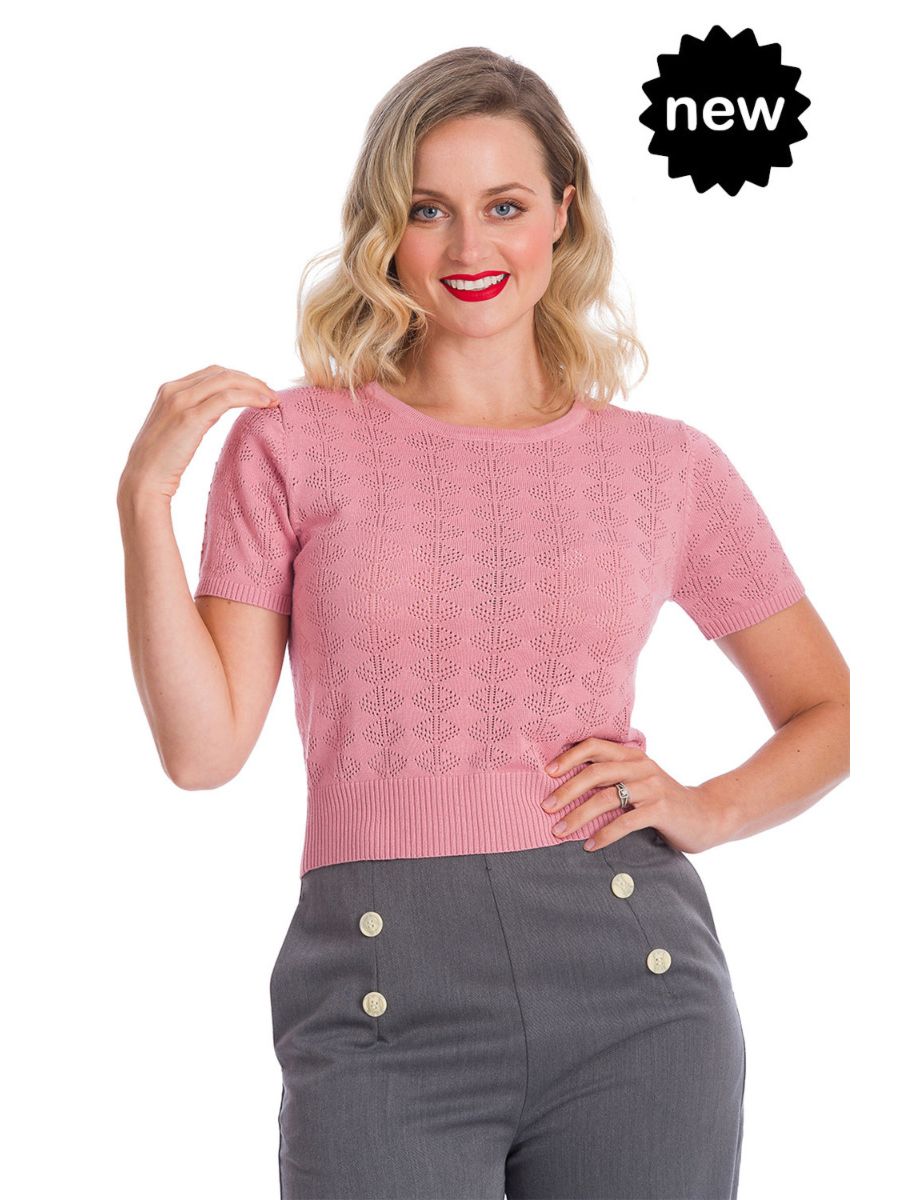Banned Retro 1950's Nautical Pointelle Perforated Vintage Ruby Knit Top Pink