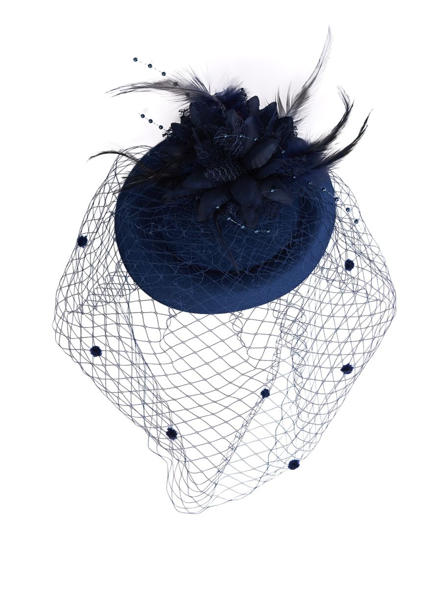 NOAM FEATHER AND FLOWER FASCINATOR-Navy-One Size