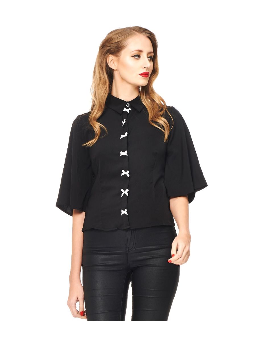 Banned Retro Bows Delight Flare Sleeve Blouse Black