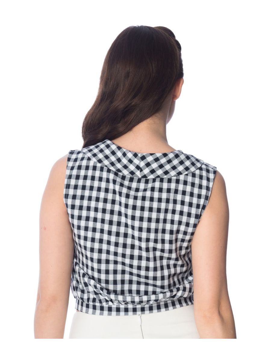 Banned Retro 1950's Summer Breeze Gingham Check Tie Up Crop Blouse Black & White