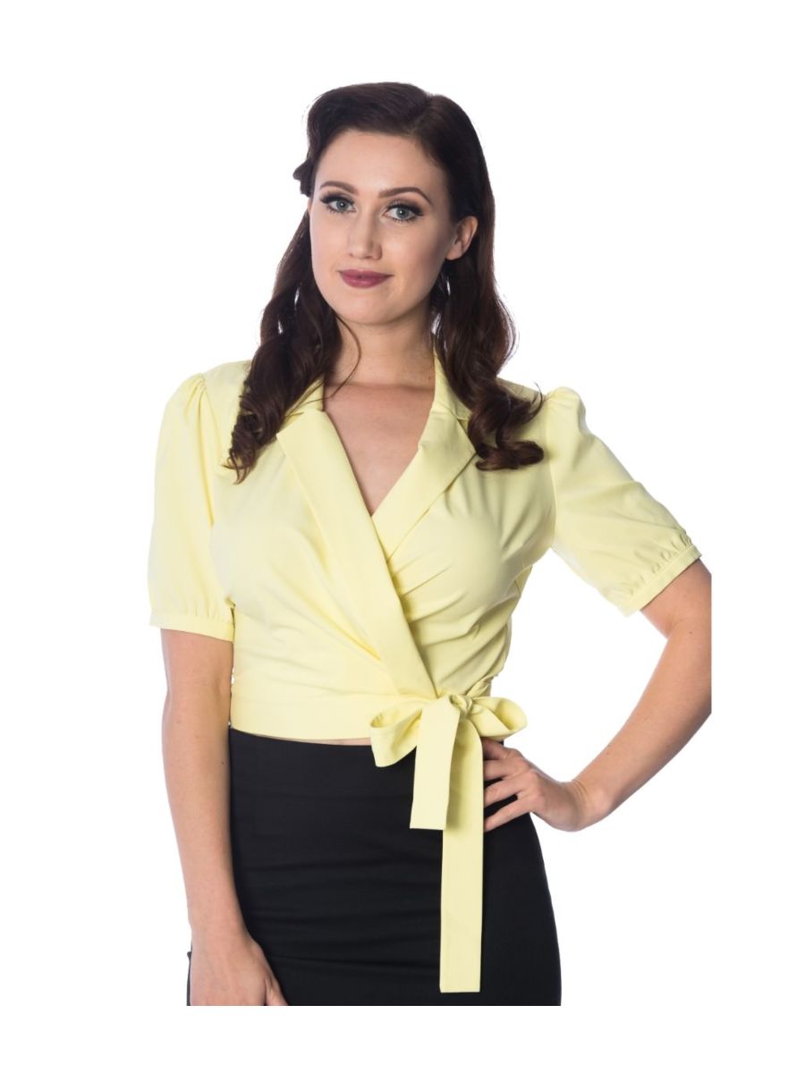 Banned Retro Happy Days Tie Up Crop Top Wrap Blouse Yellow