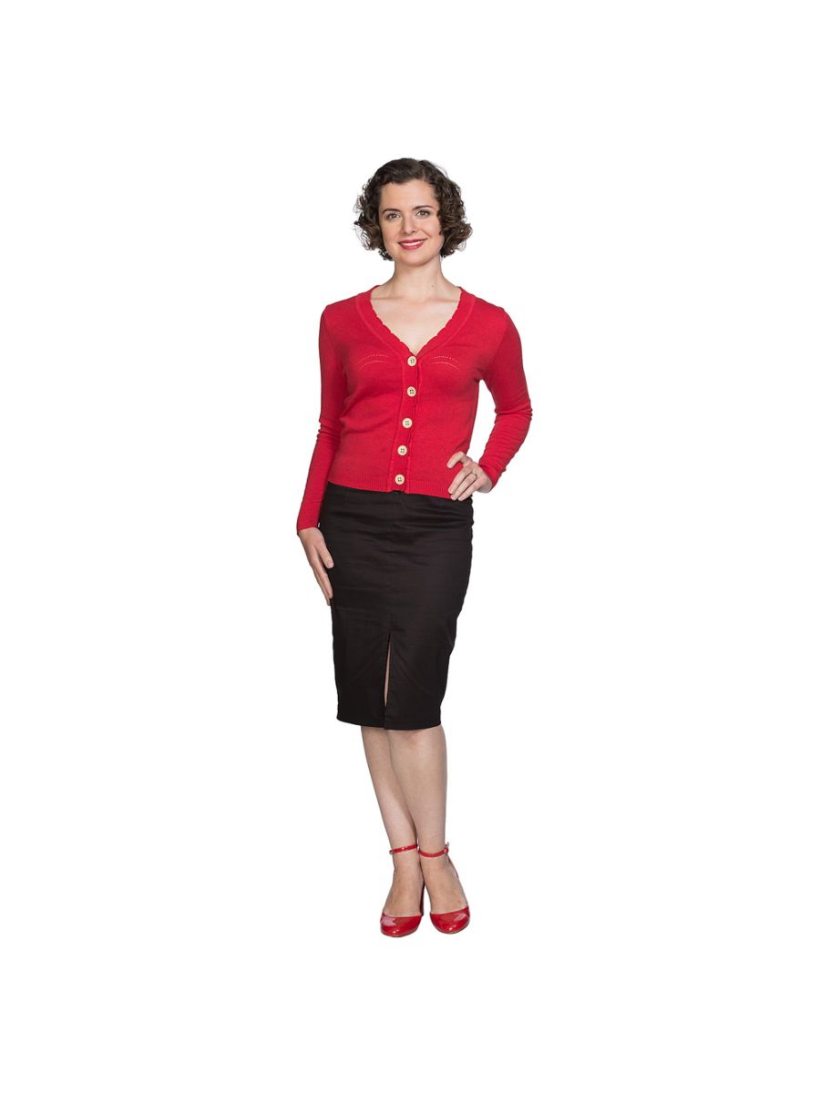 Banned Retro 1950's June V-Neck Scalloped Pointelle Long Sleeve Vintage Cardigan Red