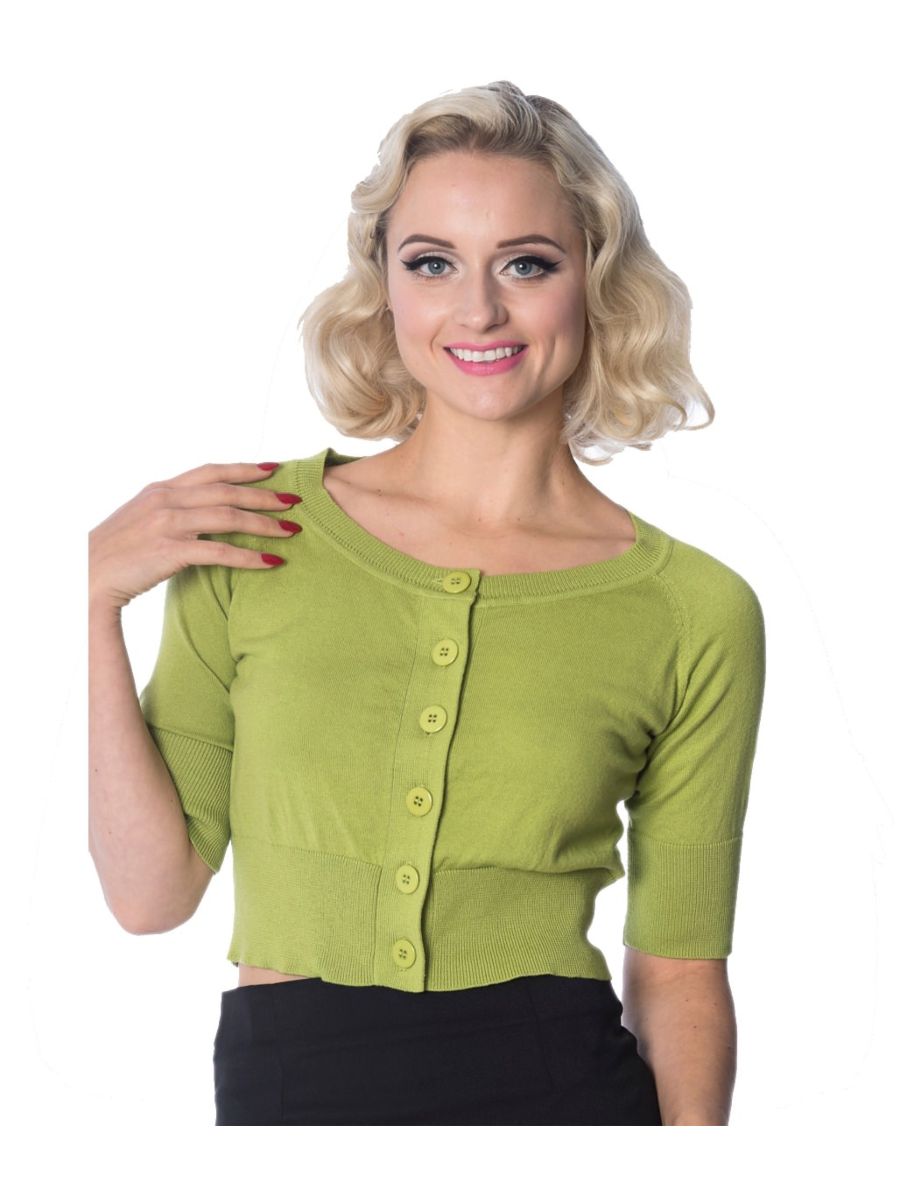 Banned Retro 1950's Raven Round Neck Cropped Vintage Cardigan Apple Green