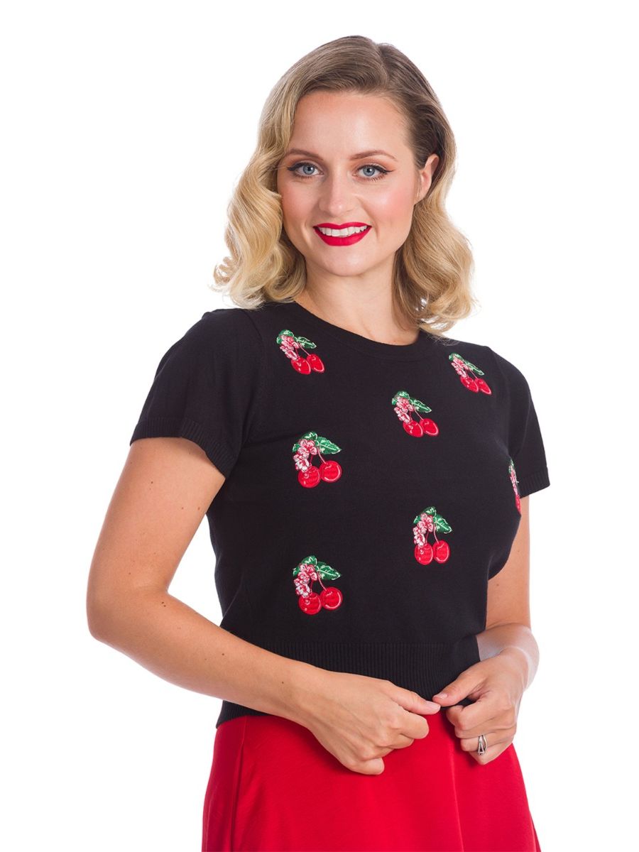Banned Retro 1950's Cherry Berry Embroidery Knit Vintage Top Black