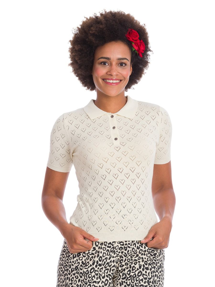 Banned Retro 1950's Smart Love Hearts Perforated Knit Top
