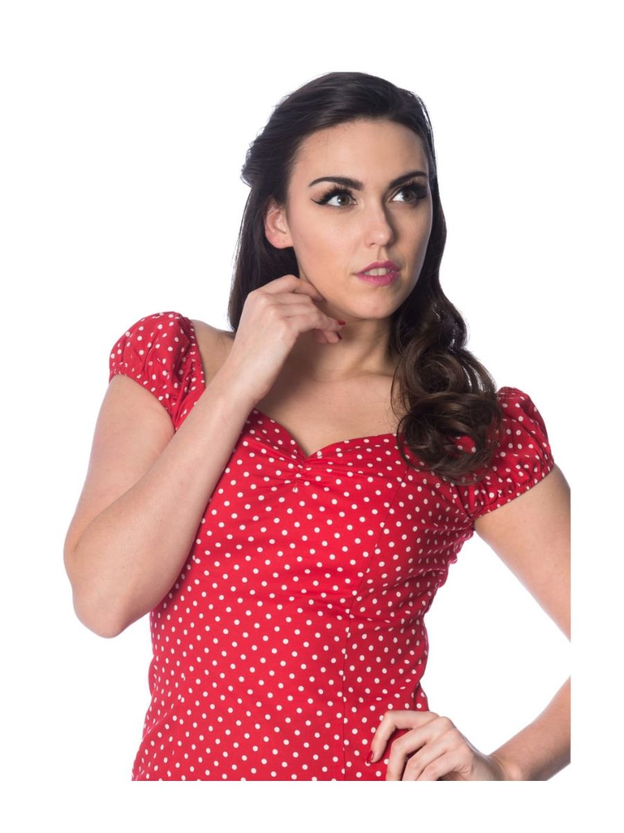 Banned Retro 1950's I Carried A Watermelon Polka Dot Off Shoulder Vintage Top Red