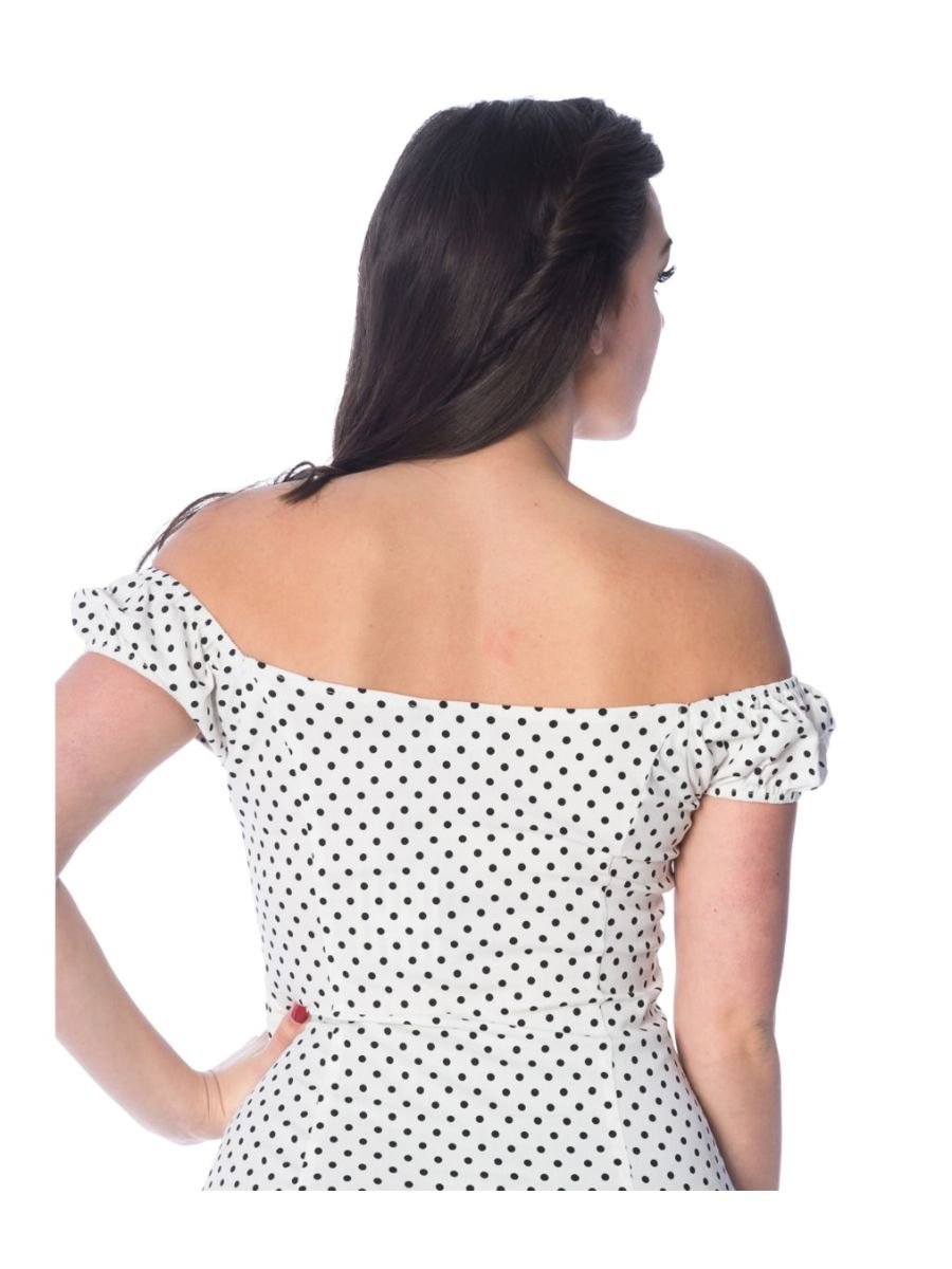 Banned Retro 1950's I Carried A Watermelon Polka Dot Off Shoulder Vintage Top White