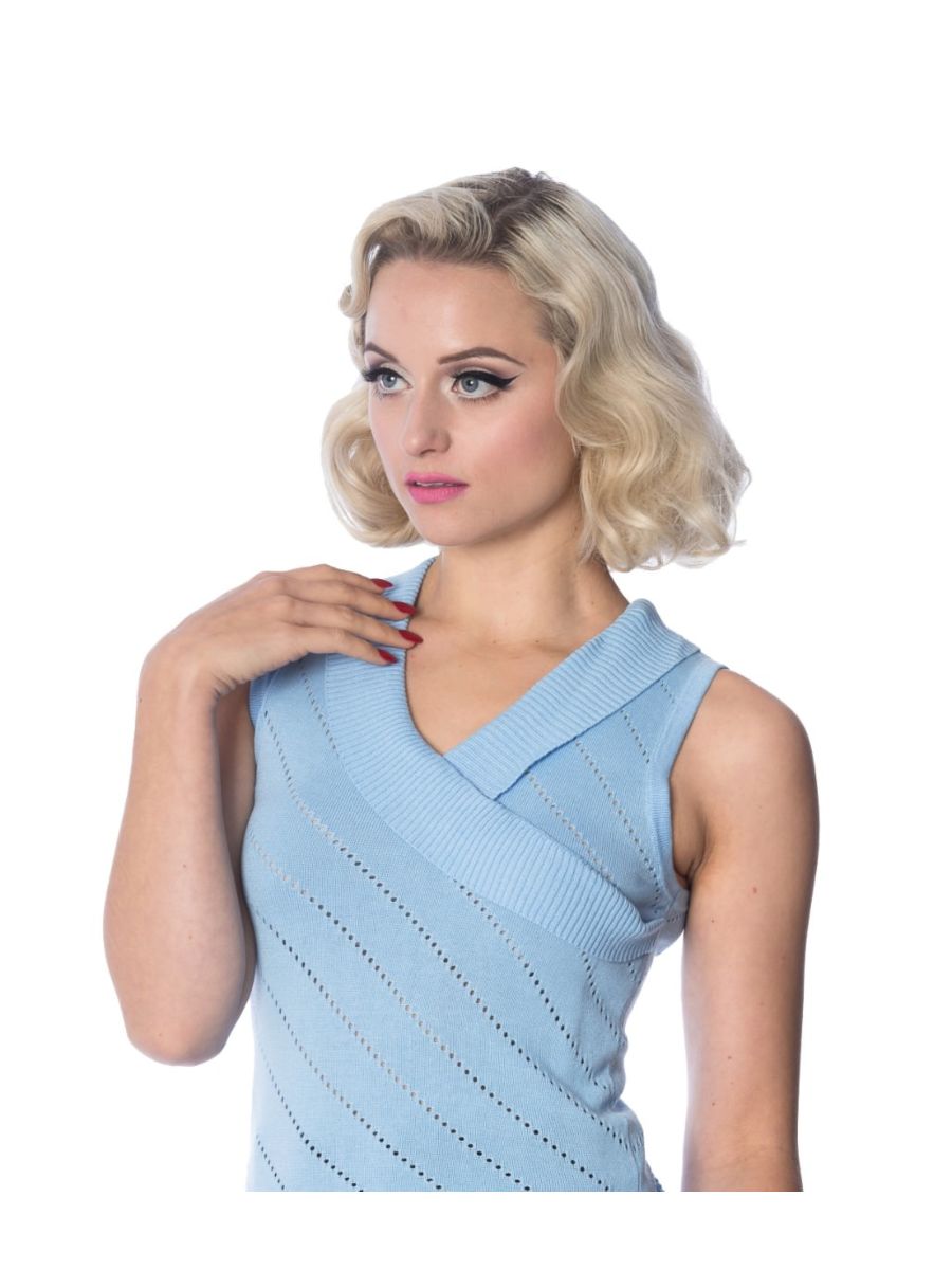 Banned Retro 1950's It's A Wrap Pointelle Perforated Nautical Sleeveless Knit Top Light Blue