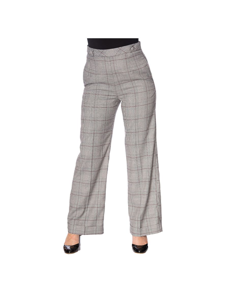 Banned Retro 1940's The Classy Check Flare Vintage Shirley Wide Leg Trouser Grey