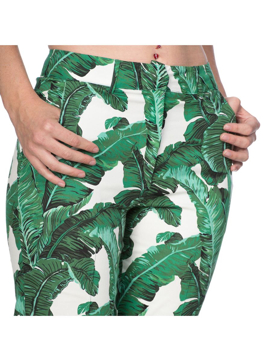 Banned Retro 1950's Tropical Leaves Floral Vintage Slim Leg Trouser Green