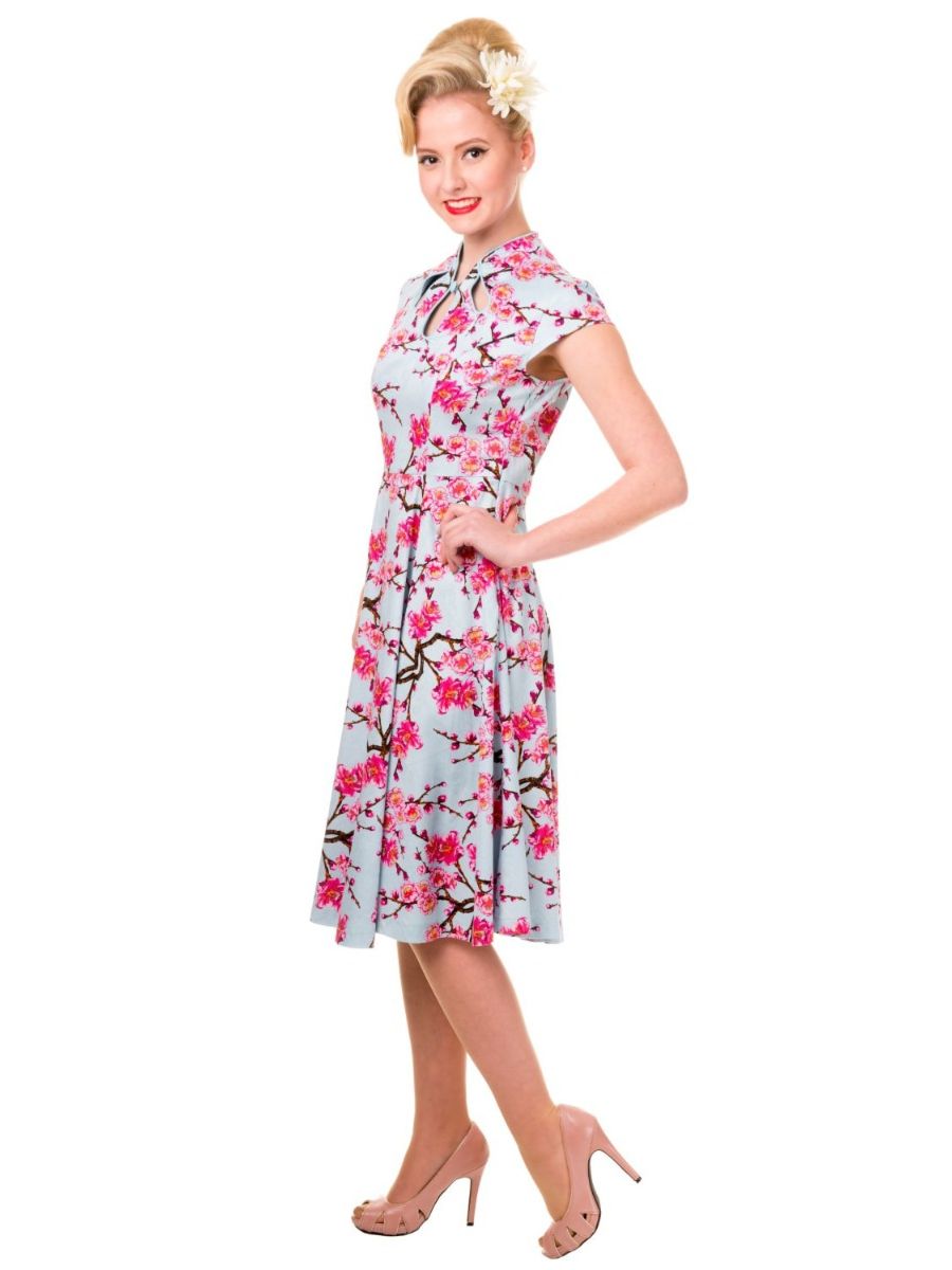 Banned Retro 1950's Last Dance Cherry Blossom Mandarin Collar Keyhole Vintage Daisy Fit & Flare Dress Blue