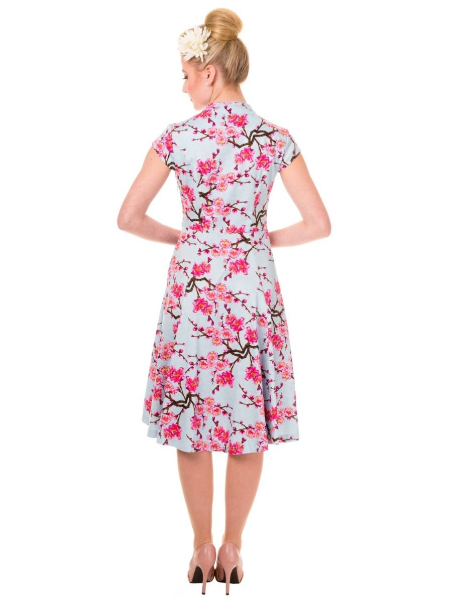 Banned Retro 1950's Last Dance Cherry Blossom Mandarin Collar Keyhole Vintage Daisy Fit & Flare Dress Blue