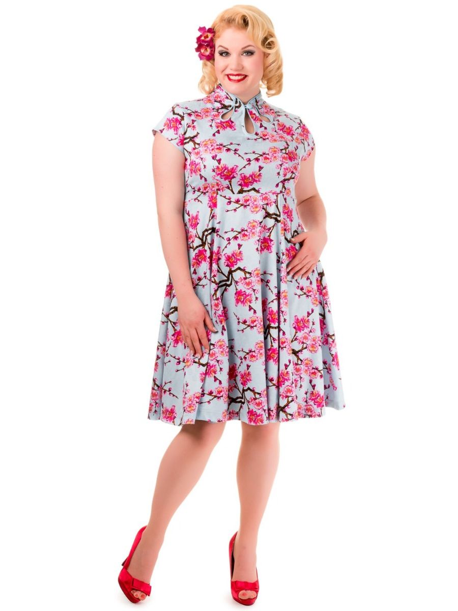 Banned Retro 1950's Last Dance Cherry Blossom Mandarin Collar Keyhole Vintage Daisy Fit & Flare Dress Blue