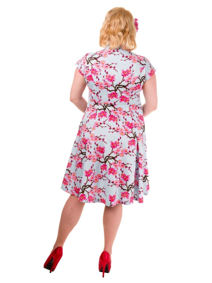Banned Retro 1950's Last Dance Cherry Blossom Mandarin Collar Keyhole Vintage Daisy Fit & Flare Dress Blue