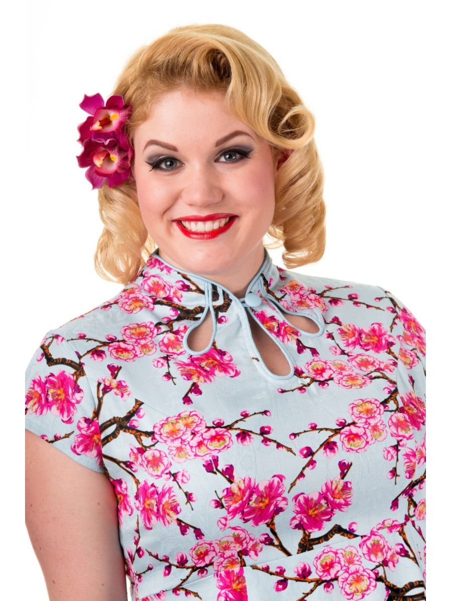 Banned Retro 1950's Last Dance Cherry Blossom Mandarin Collar Keyhole Vintage Daisy Fit & Flare Dress Blue