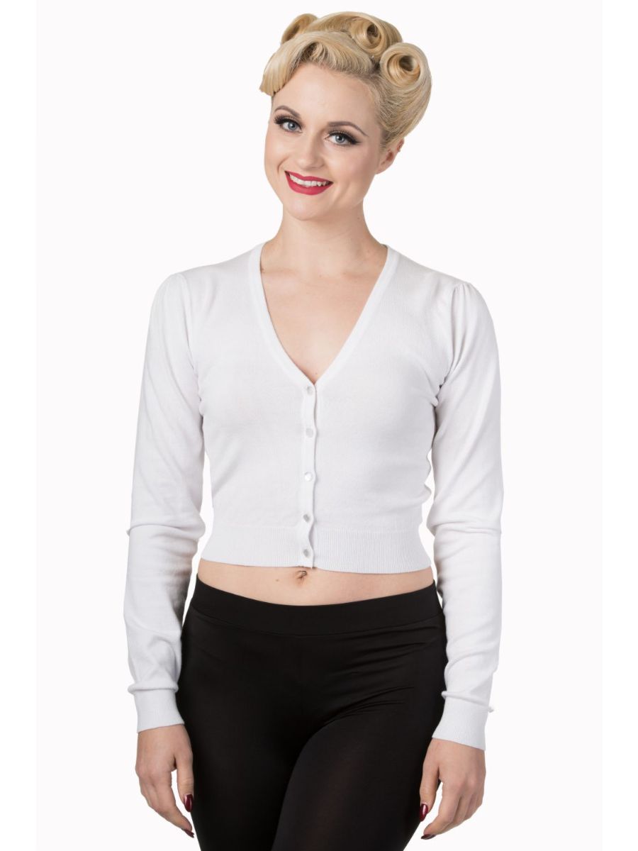Banned Retro 1950's Little Luxury Cropped V-Neck Vintage Cardigan White