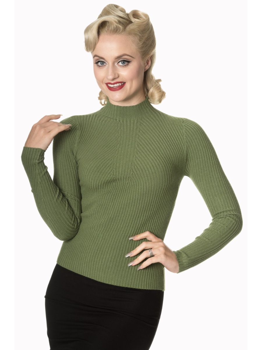 Banned Retro Let's Tango Polo Neck Ribbed Vintage Knit Top Olive