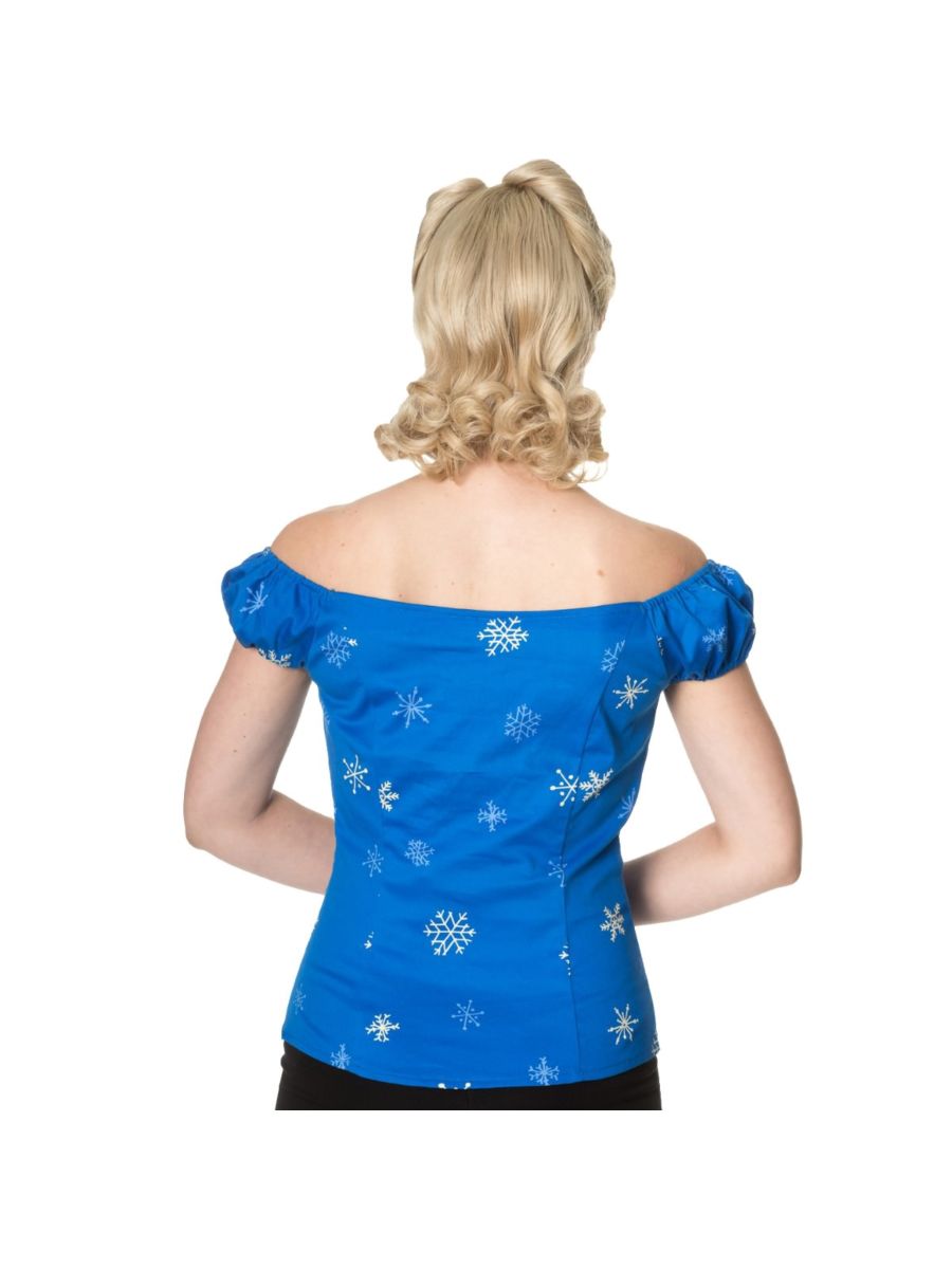 Banned Retro Vintage Romance Lives Snowflake Off Shoulder Top Blue