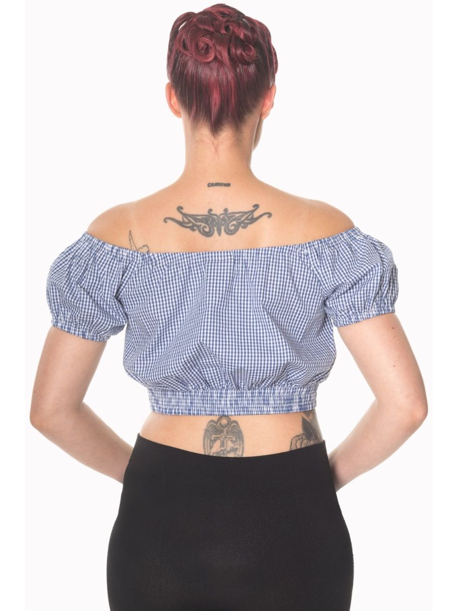 Banned Retro 1950's All Mine Gingham Check Off Shoulder Crop Top Navy 