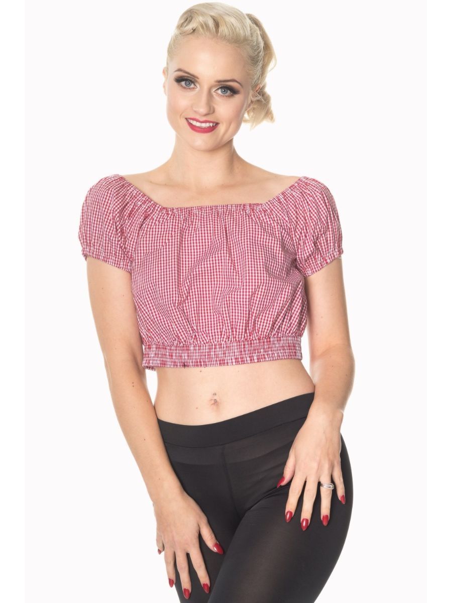 ALL MINE GINGHAM OFF SHOULDER CROP TOP