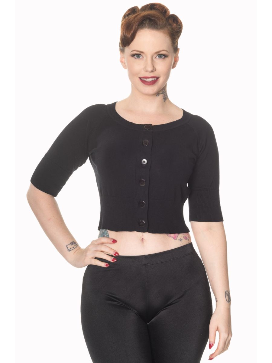 Banned Retro 1950's Raven Round Neck Cropped Vintage Cardigan Black