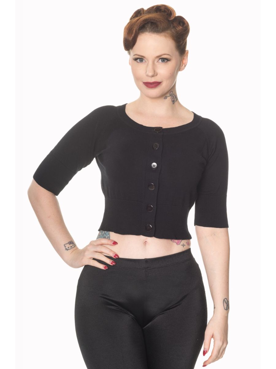 Banned Retro 1950's Raven Round Neck Cropped Vintage Cardigan Black