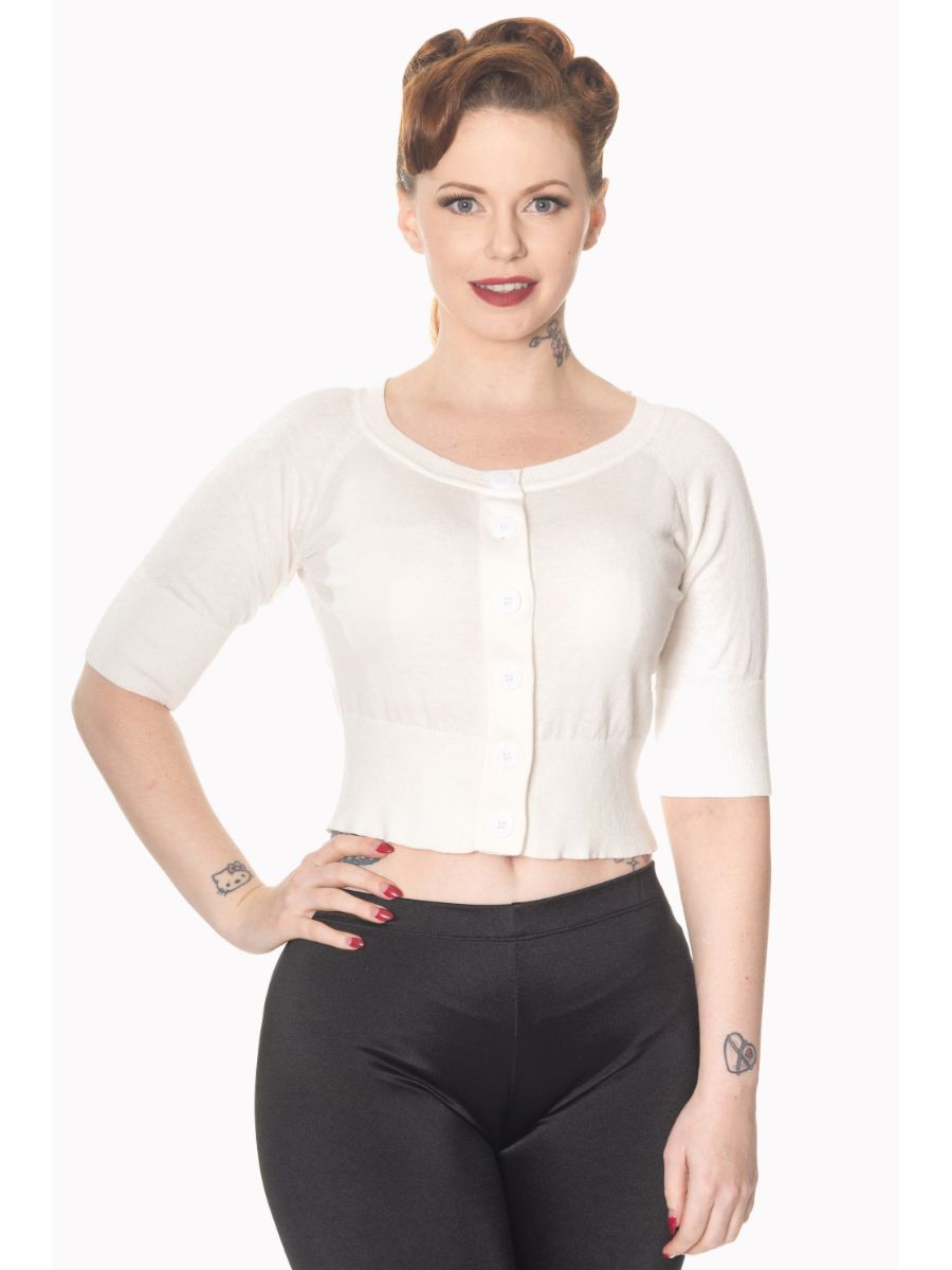 Banned Retro 1950's Raven Round Neck Cropped Vintage Cardigan Off White
