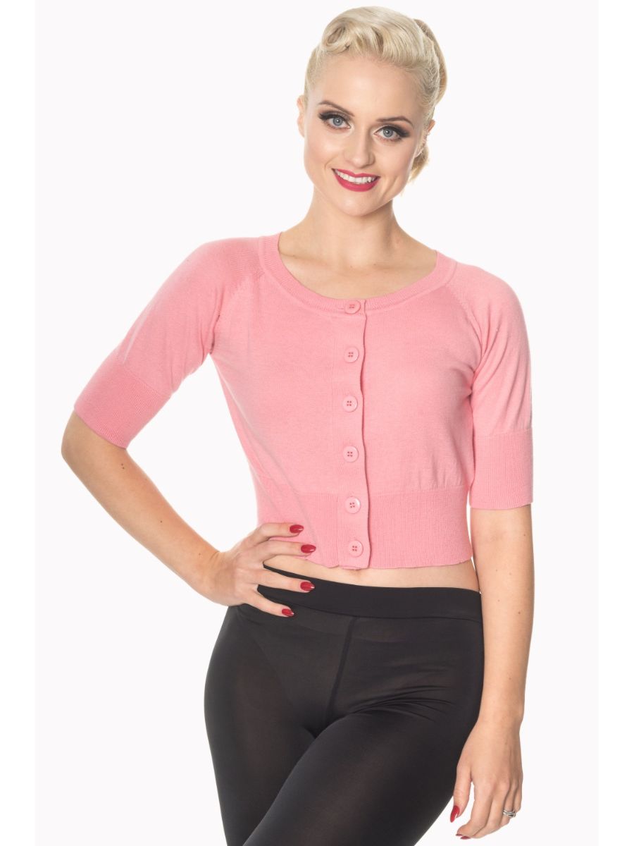 Banned Retro 1950's Raven Round Neck Cropped Vintage Cardigan Pink