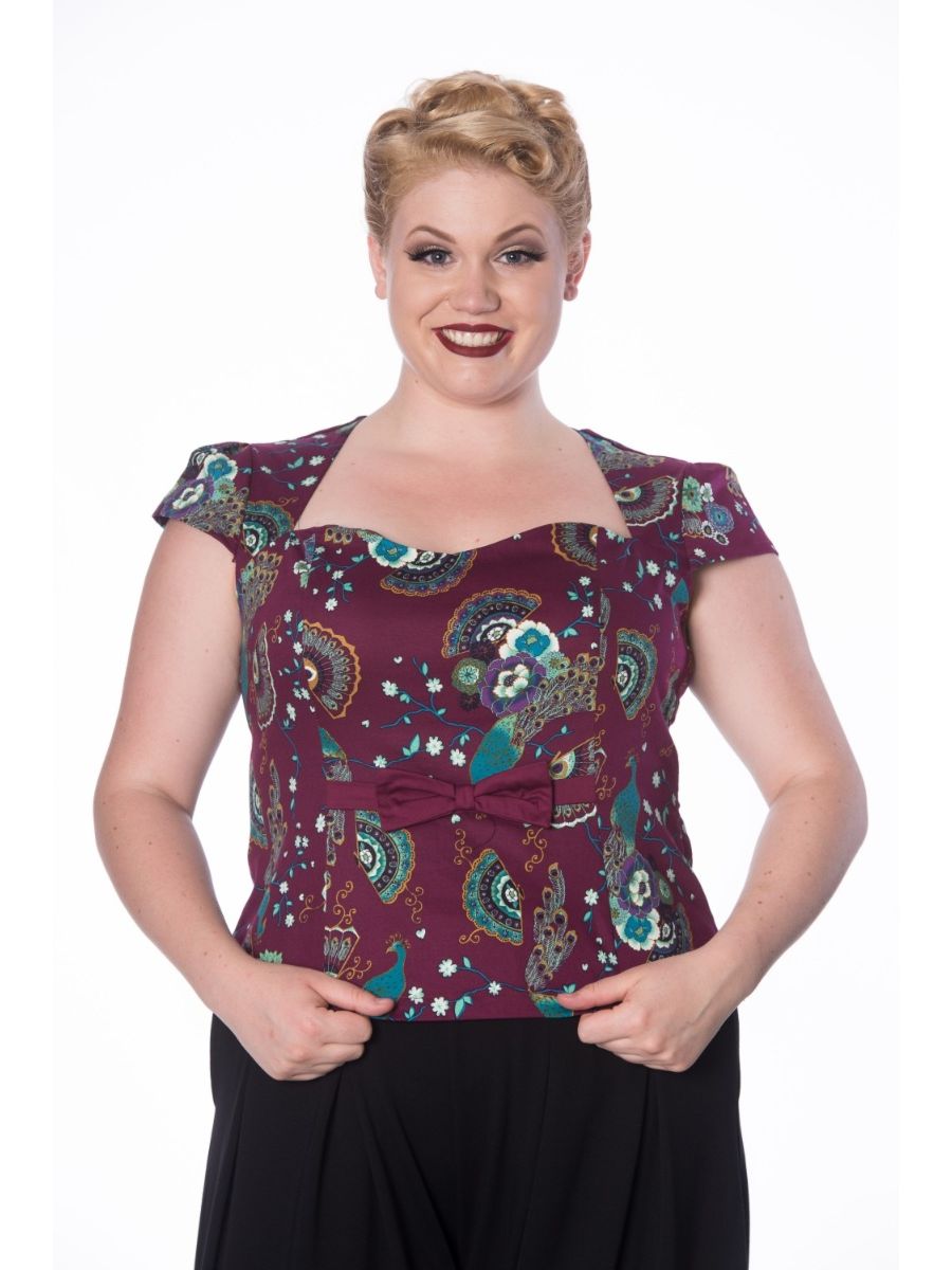 Banned Retro 1950's Frankie Peacock Floral Top Bordeaux