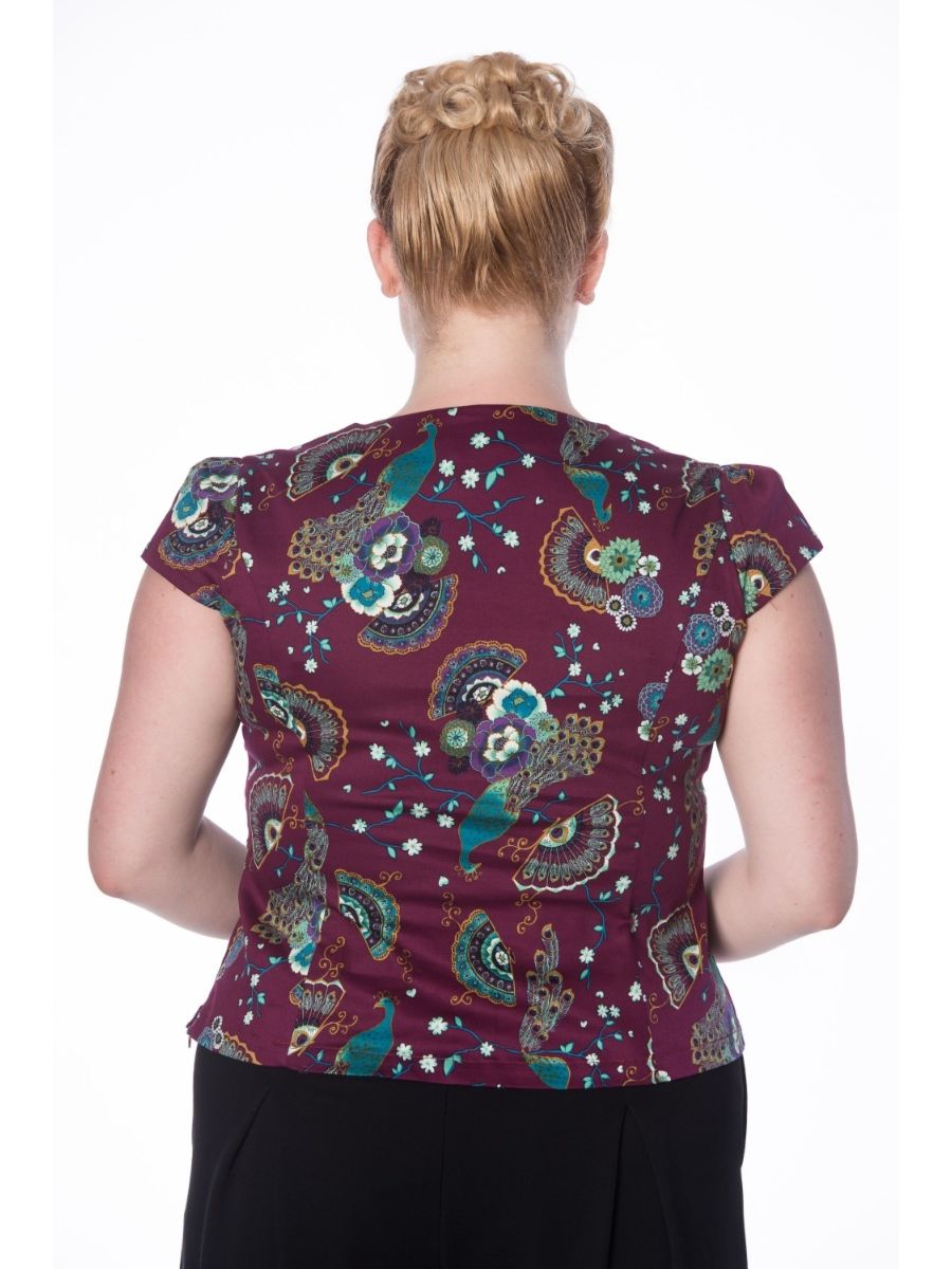 Banned Retro 1950's Frankie Peacock Floral Top Bordeaux