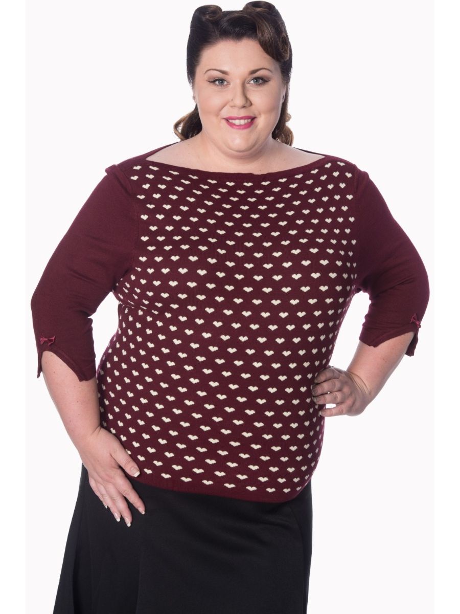 Banned Retro Charming Heart Vintage Boat Neck Knit Top Burgundy