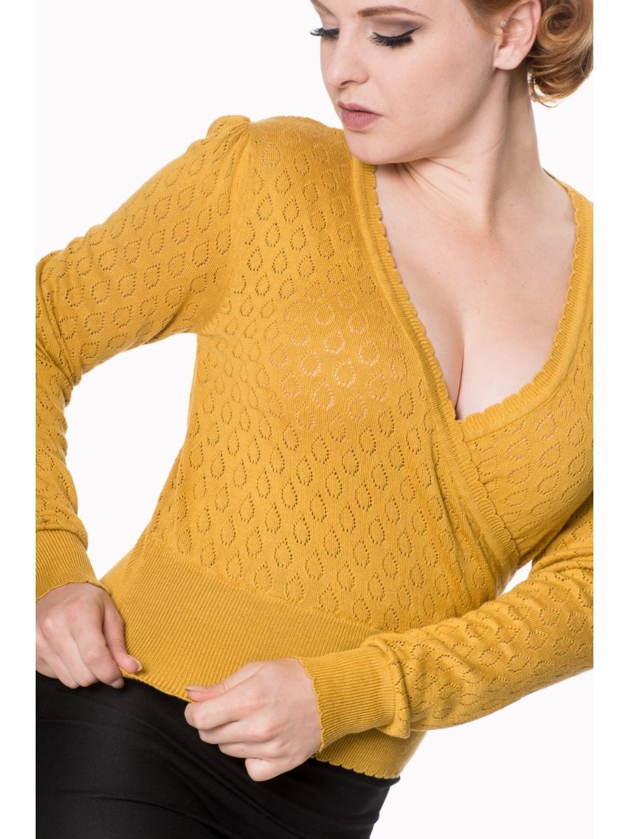Banned Retro 1950's Basic Instinct Wrap Perforated Vintage Knit Top Mustard Yellow