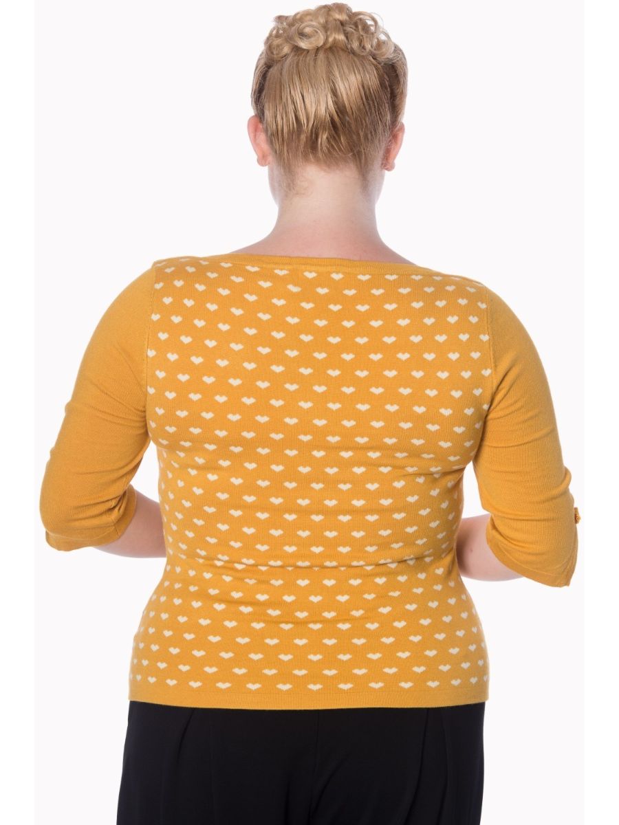 Banned Retro Charming Heart Vintage Boat Neck Knit Top Mustard Yellow
