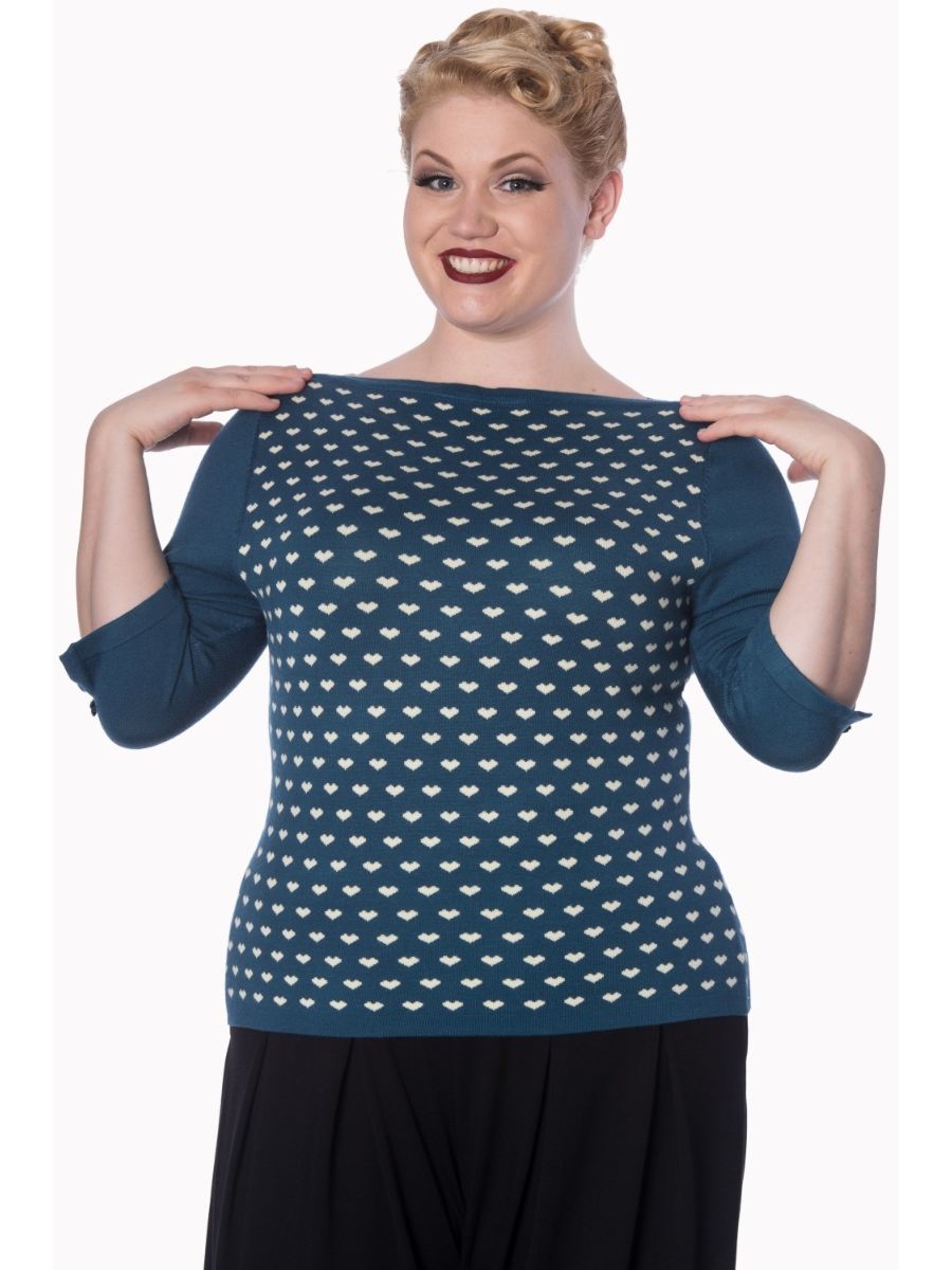 Banned Retro Charming Heart Vintage Boat Neck Knit Top Teal