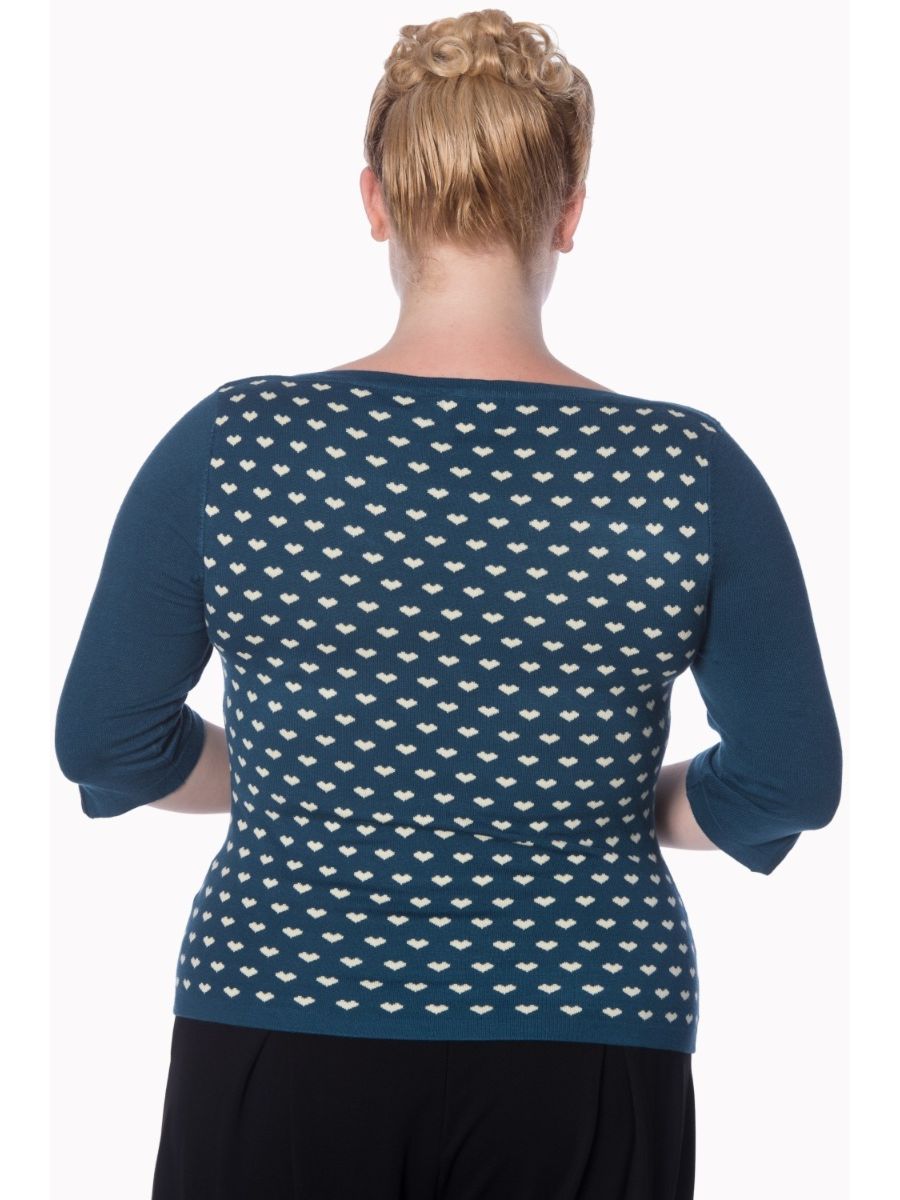 Banned Retro Charming Heart Vintage Boat Neck Knit Top Teal