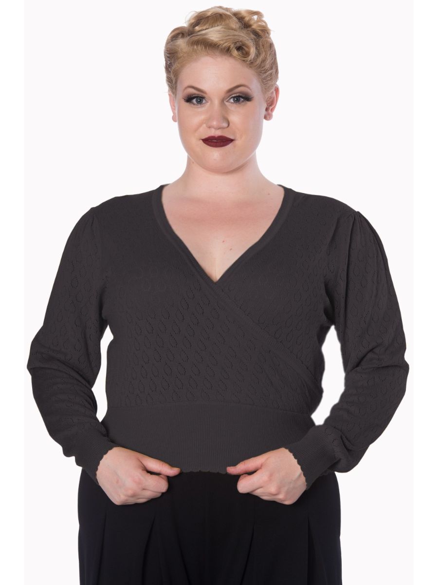 Banned Retro 1950's Basic Instinct Wrap Perforated Vintage Knit Top Grey