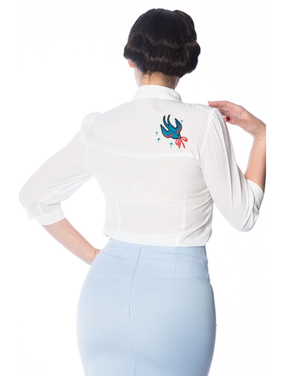 Banned Retro 1950's Free As A Bird Swallow & Anchors Thelma Blouse White