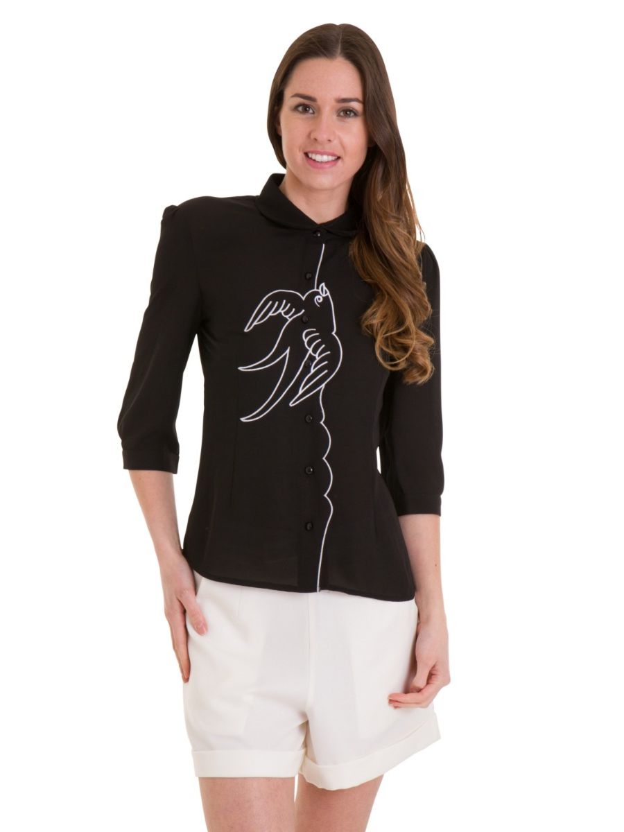 Banned Retro 1950's Free As A Bird Swallow & Anchors Thelma Blouse Black