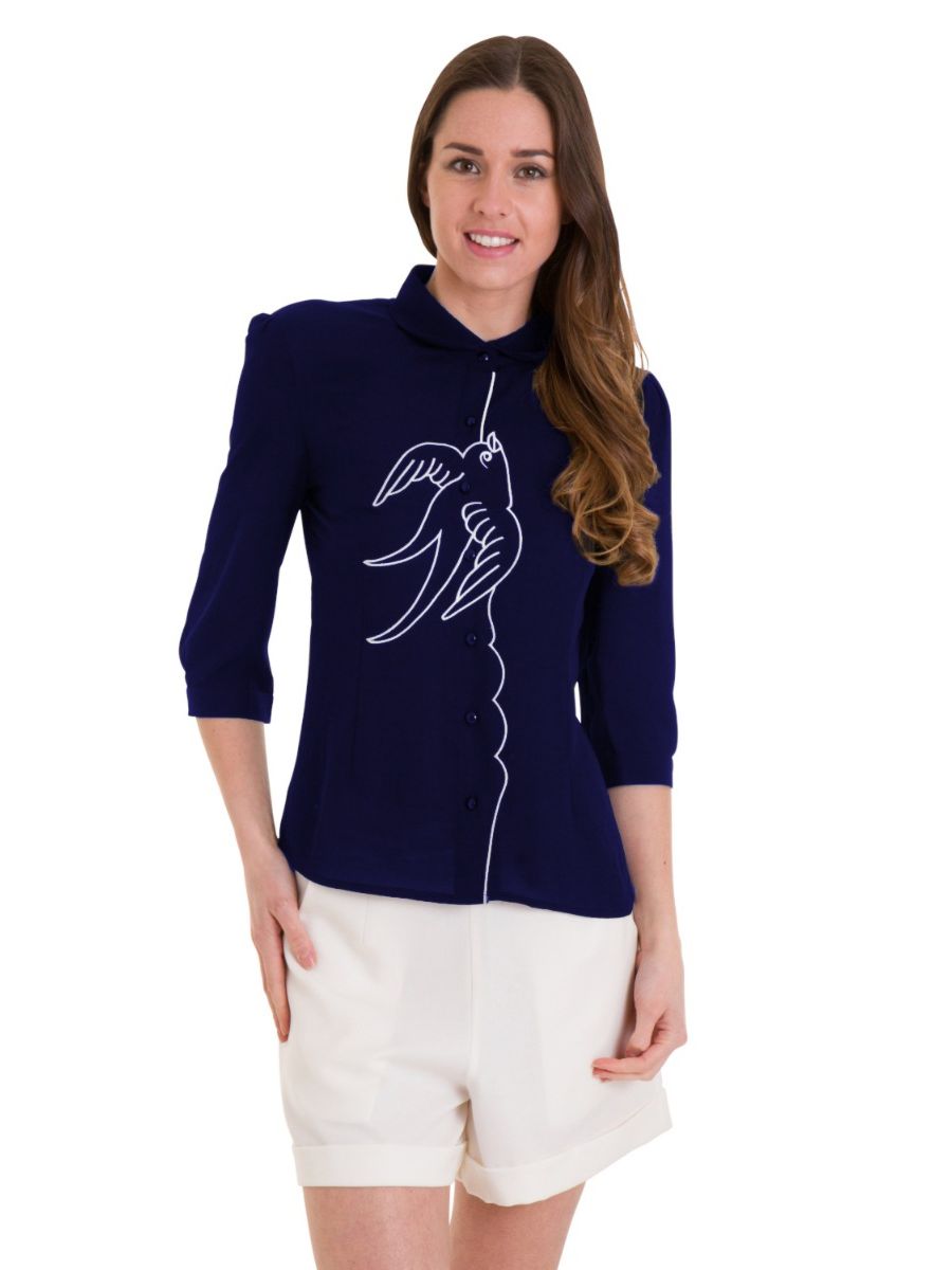 Banned Retro 1950's Free As A Bird Swallow & Anchors Thelma Blouse Navy