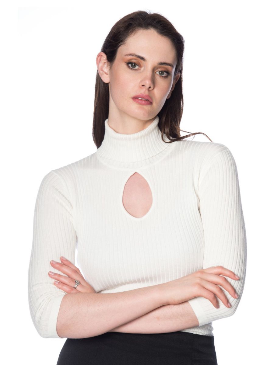 Banned Retro 1950's Louise Ribbed Knit Turtle Neck Key Hole Vintage Top Cream