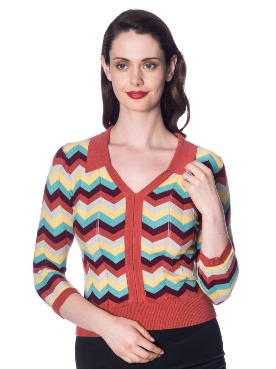 Banned Retro 70's Zoe Zig Zag Winged Collar Knit Vintage Top Earth Aqua