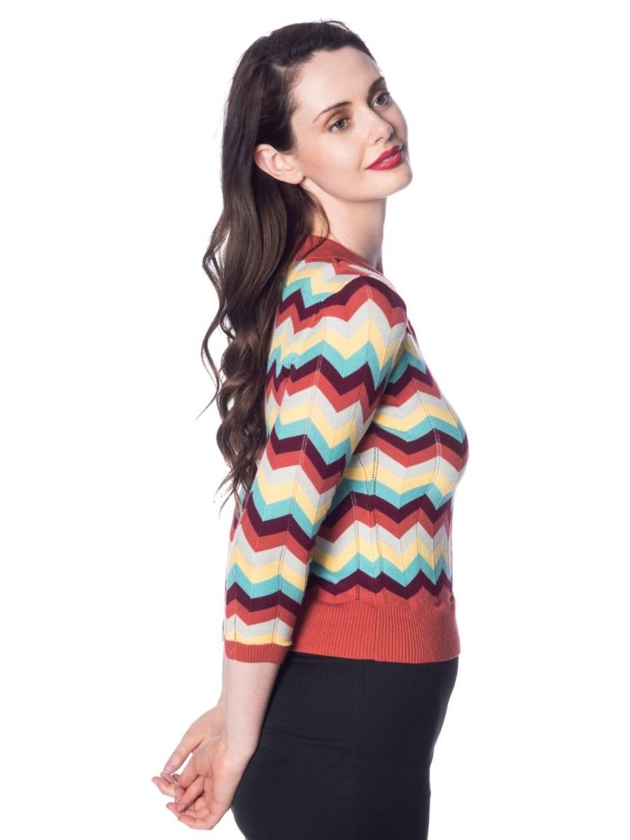 Banned Retro 70's Zoe Zig Zag Winged Collar Knit Vintage Top Earth Aqua