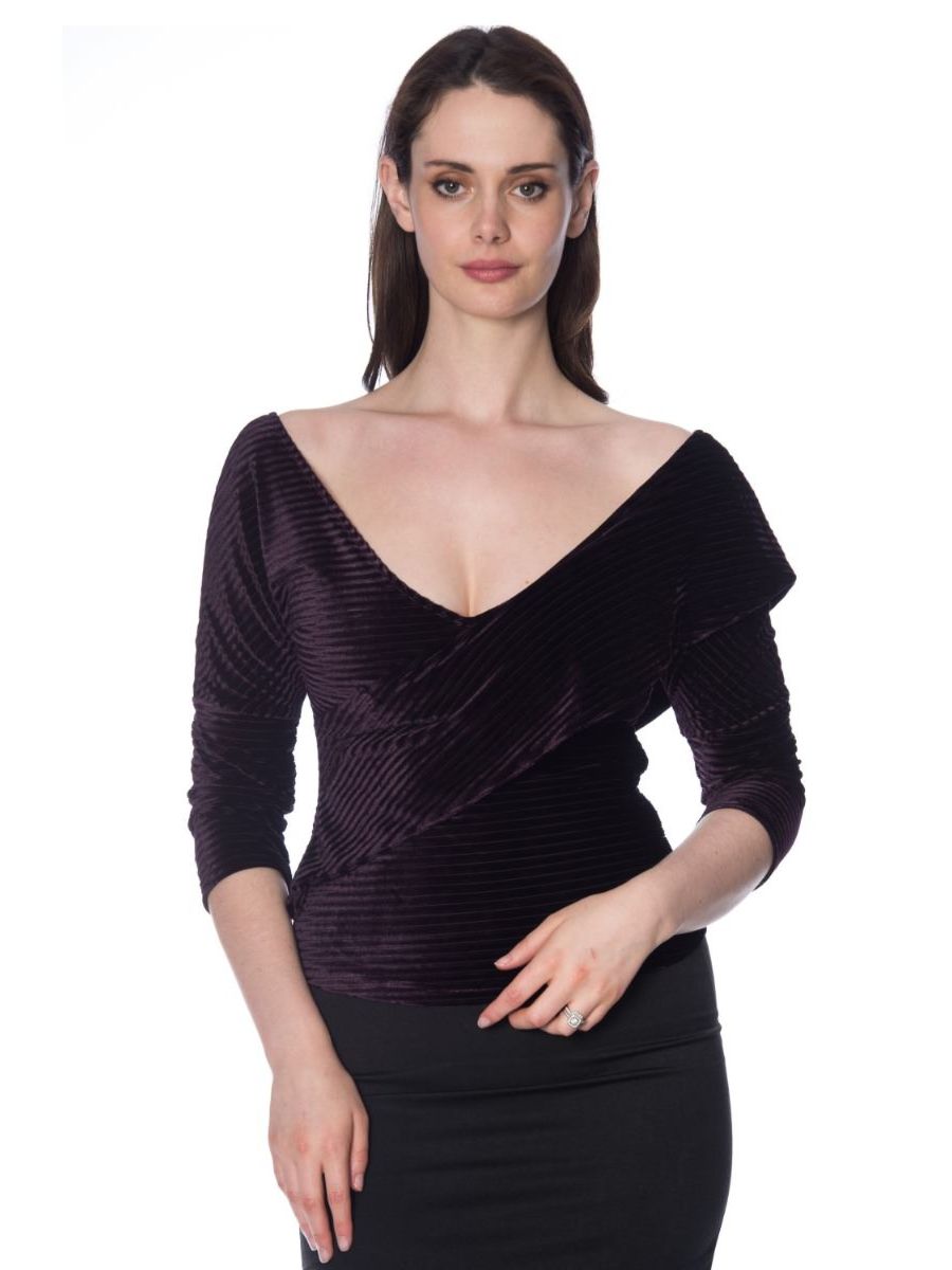 Banned Retro 1950's Vera Velvet Ribbed Wrap Off Shoulder Top Aubergine Eggplant