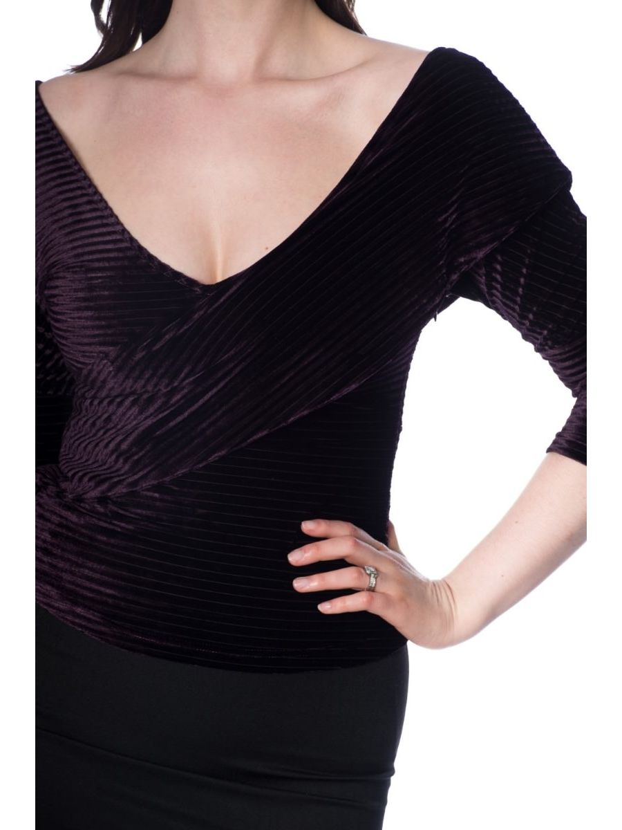 Banned Retro 1950's Vera Velvet Ribbed Wrap Off Shoulder Top Aubergine Eggplant