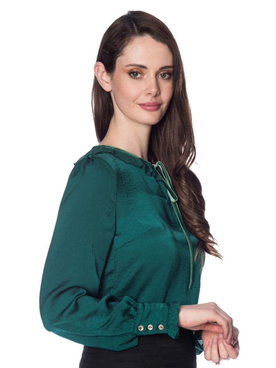 Banned Retro 1950's Perfect Pleated Frill Collar Puff Sleeve Vintage Blouse Dark Green 