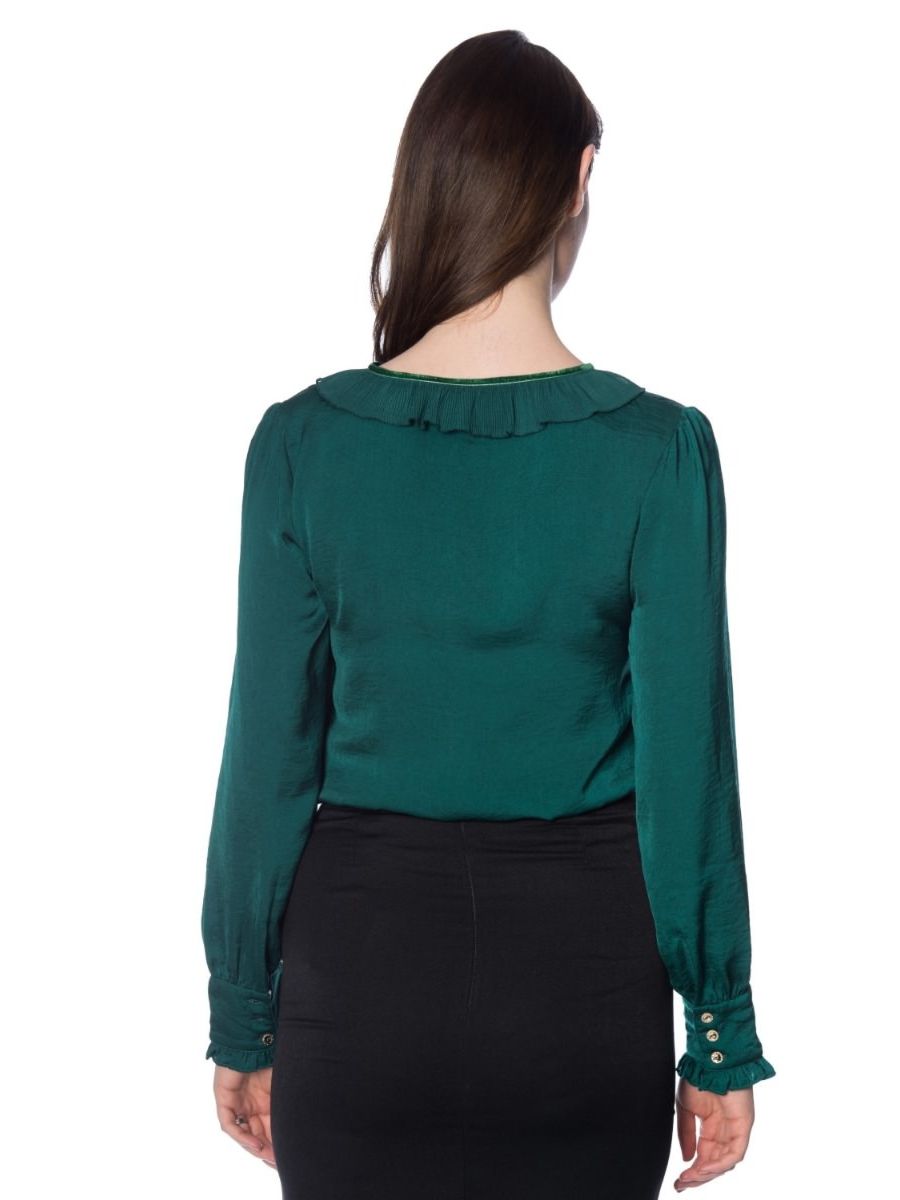 Banned Retro 1950's Perfect Pleated Frill Collar Puff Sleeve Vintage Blouse Dark Green 