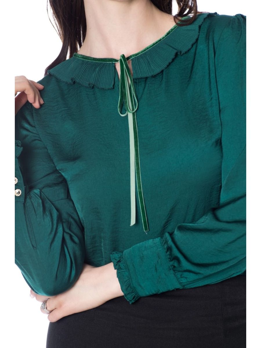 Banned Retro 1950's Perfect Pleated Frill Collar Puff Sleeve Vintage Blouse Dark Green 