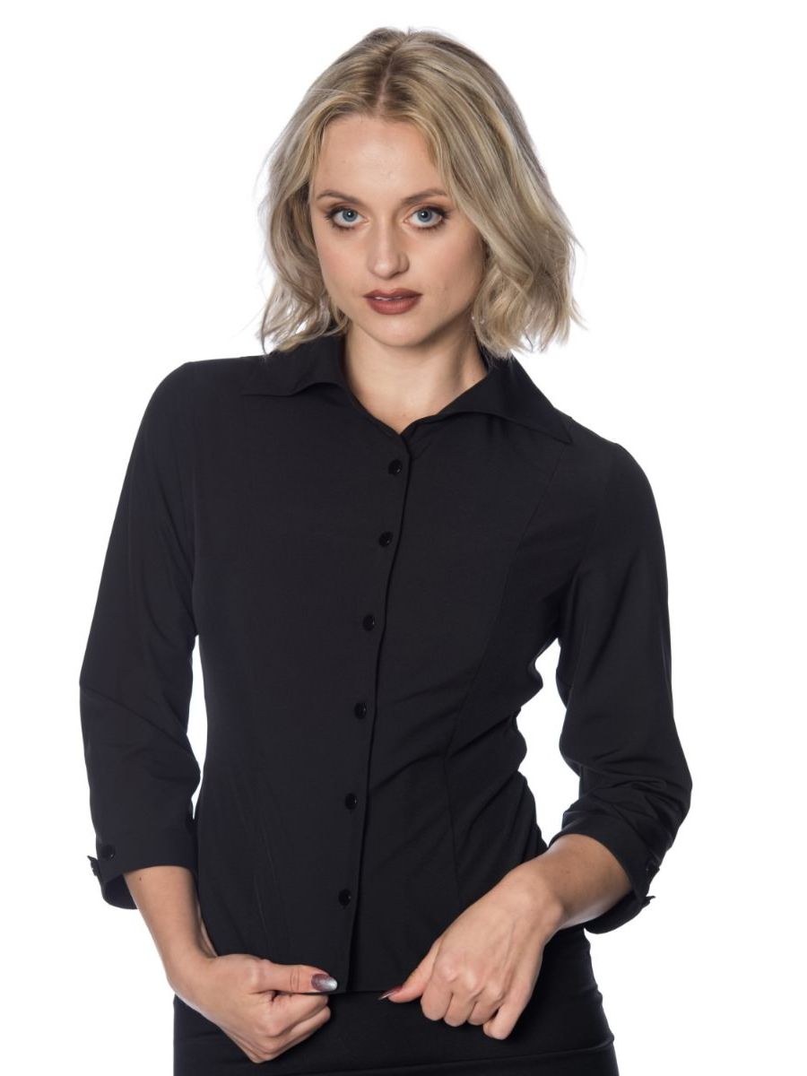 Banned Retro 1950's Janine Peter Pan Winged Collar Vintage Blouse Black