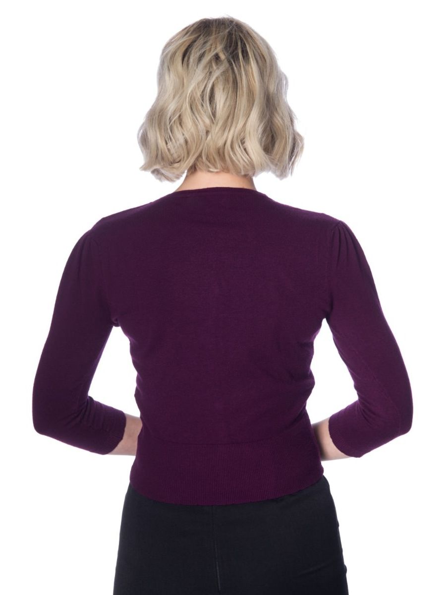 Banned Retro 1950's Cat Scallop Collar Vintage Cardigan Aubergine Eggplant